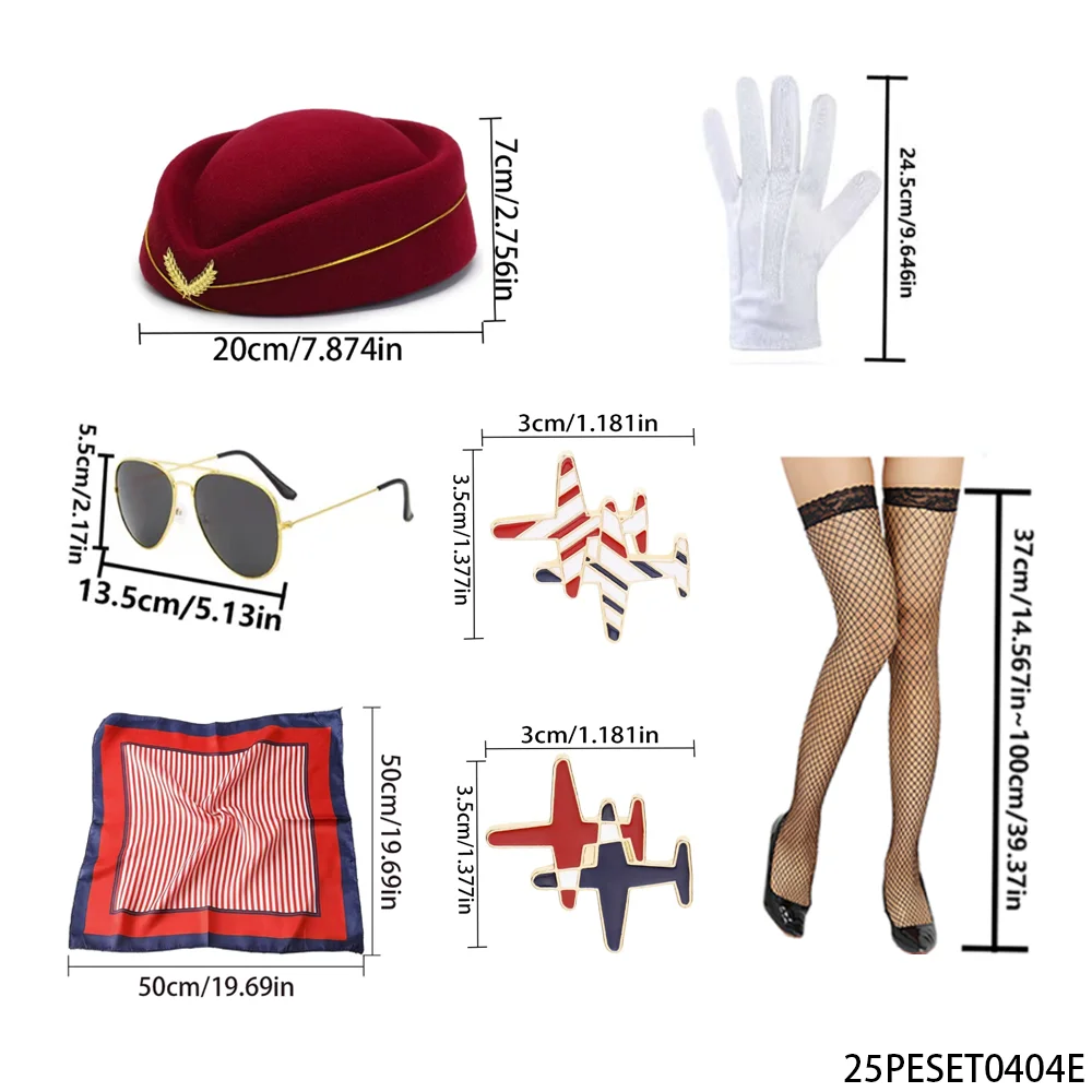 PESENAR Bluesy stewardess kostuumset badge blauwe hoed, vliegtuig oorbellen, sjaal witte handschoenen, cosplay outfit