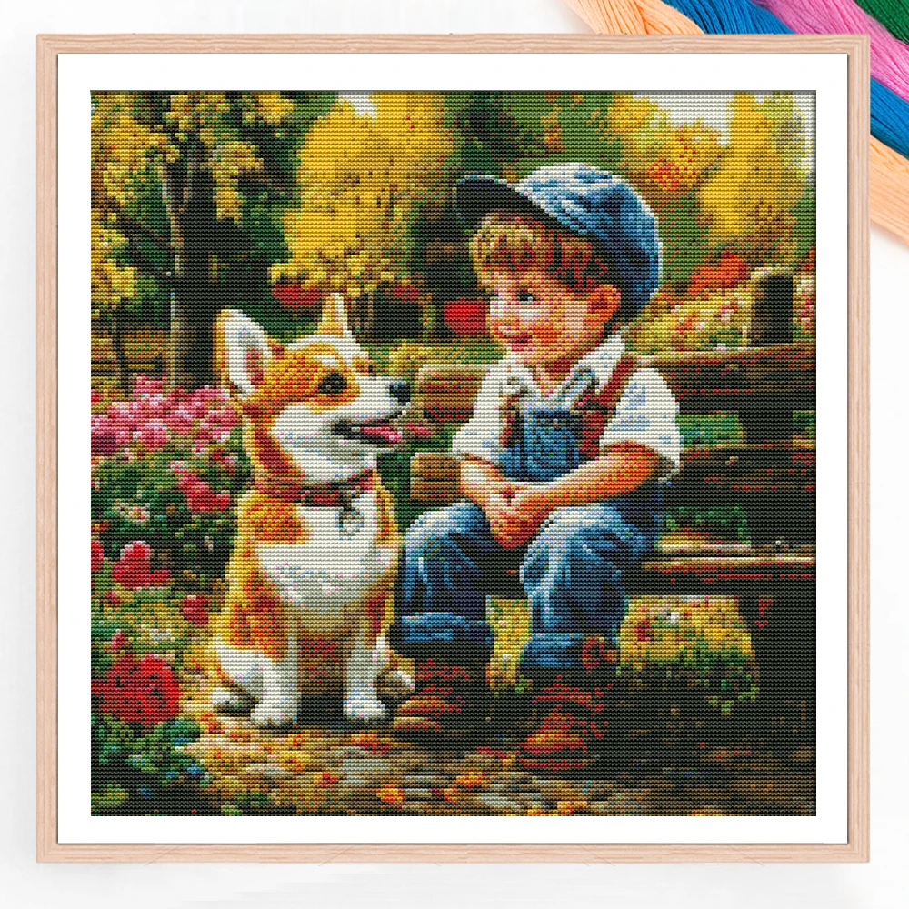 Cross Stitch 11ct Boy Dog Printed Painting Canvas Portrait Animal Handmade Modern Diy Unique Gift Living Room Decoration