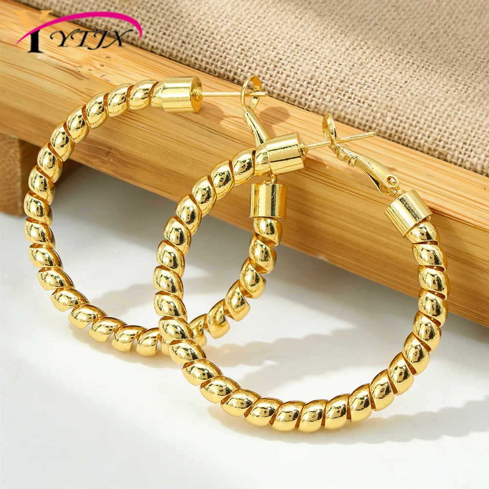 YTJX 18K Gold Plated Twist Hoop Earring For Women Vintage Large Circle Earring Trendy Texture Metal Ear Jewelry Party Daily Gift