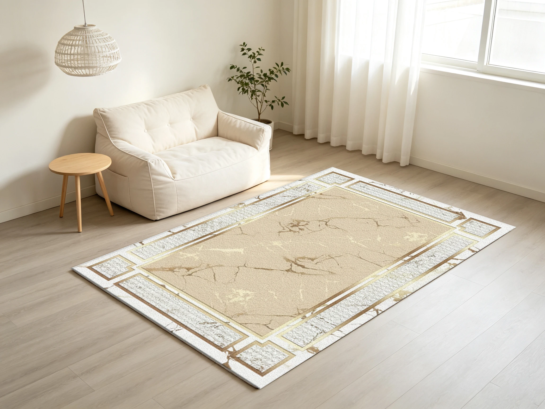 Luxury Beige Marble Square Carpet Flooring Golden Vein Texture Border Rug for High-End Home Decor