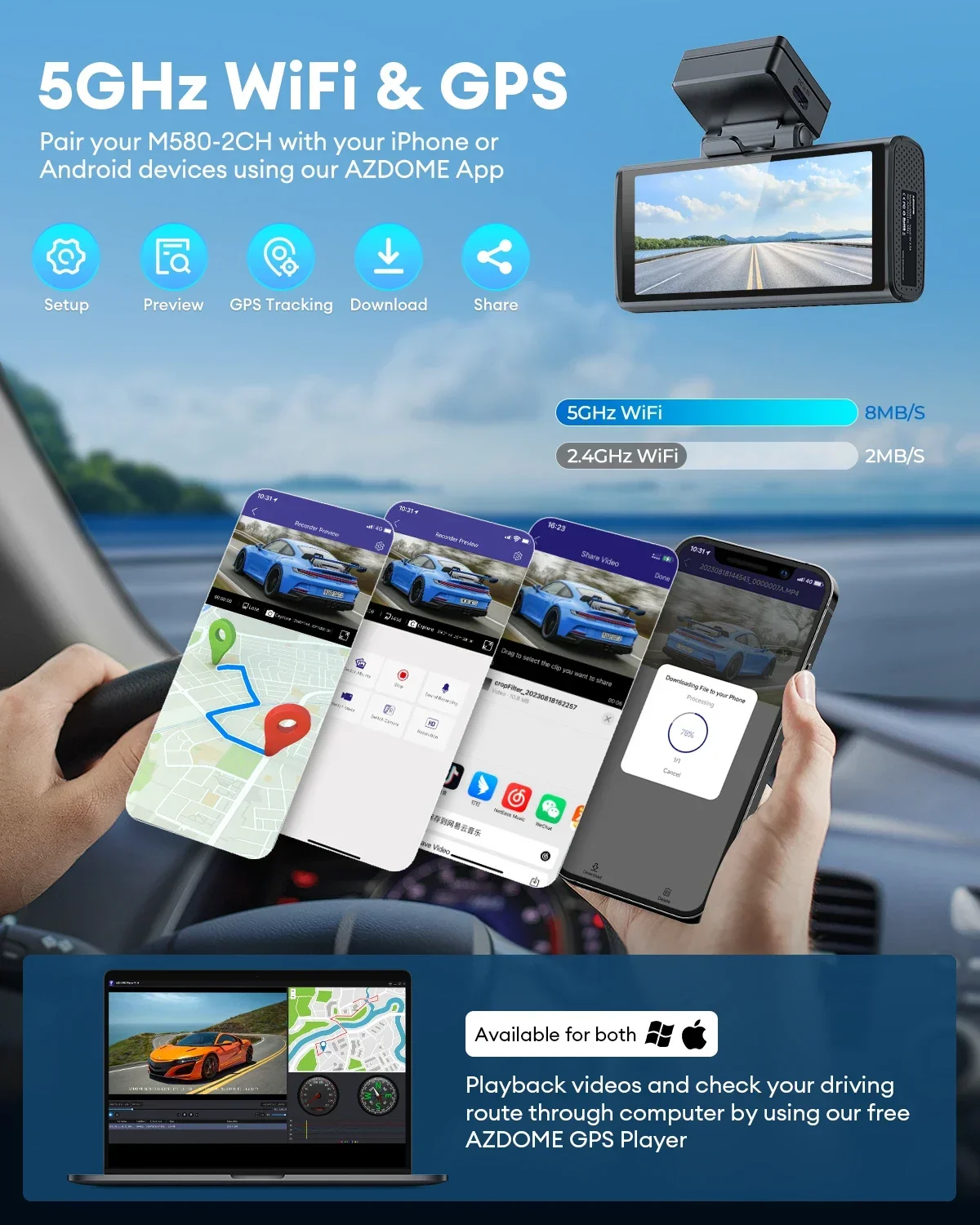 2025 AZDOME M580-2CH 5K ด้านหน้าและด้านหลัง 4K Dash CAM GPS ในตัวรถสีดํากล่องสนับสนุน 2.4G และ 5G WiFi Dash CAM