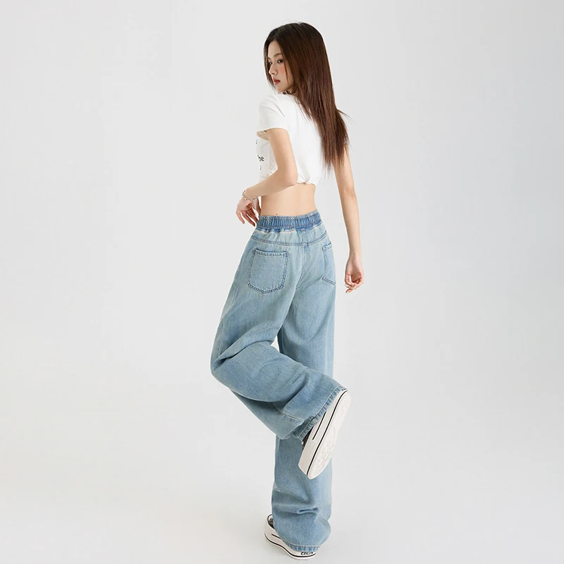 Straight Tube Womens Straight Jeans Loose Fit Leisure Skin Friendly Denim Trousers Elastic Waist Lightweight Breathable