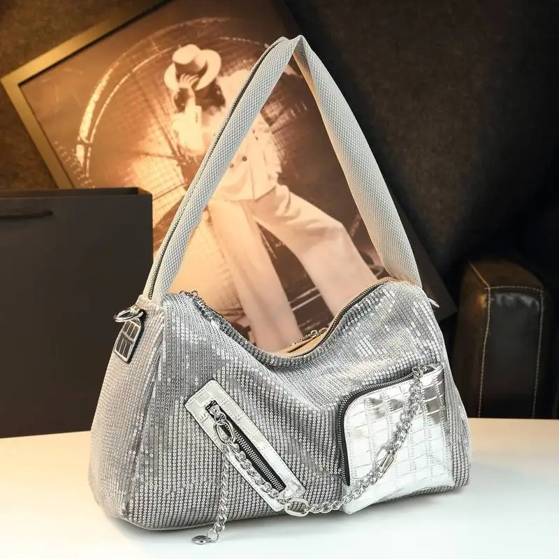 Underarm bag with sequin patchwork, large-capacity, unique, shiny, fashionable, versatile, simple crossbody handbag