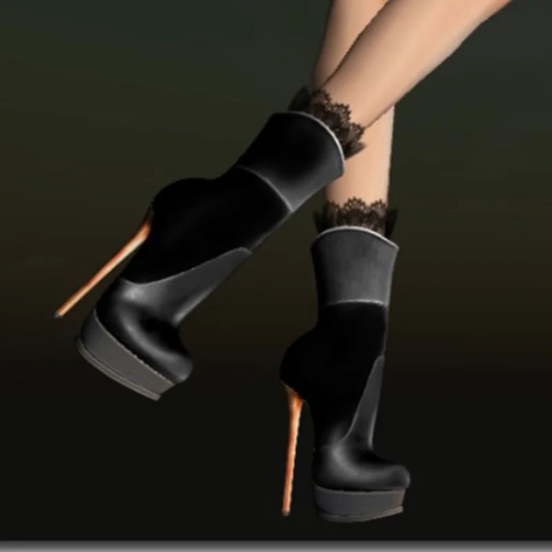 

Black Lace Patchwork Mid Calf Boots Leather Thin High Heel Sexy Fashion Cool Summer Casual Big Size Woman Shoes Zapatillas Mujer