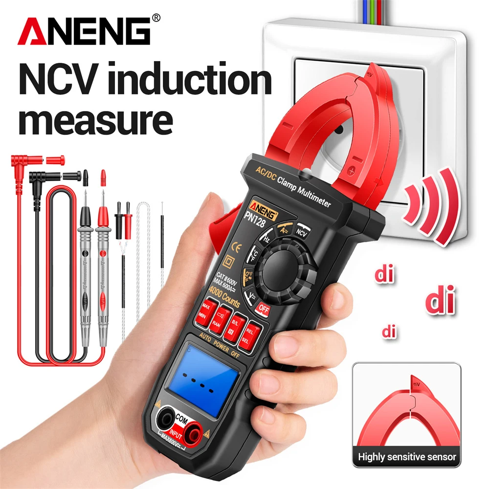 Aneng ตัวหนีบ PN128มัลติมิเตอร์แบบดิจิทัล4000นับเครื่องมือทดสอบโอห์มกระแสไฟฟ้าหน้าจอ LCD True RMS ความแม่นยำสูงสำหรับช่างไฟฟ้า