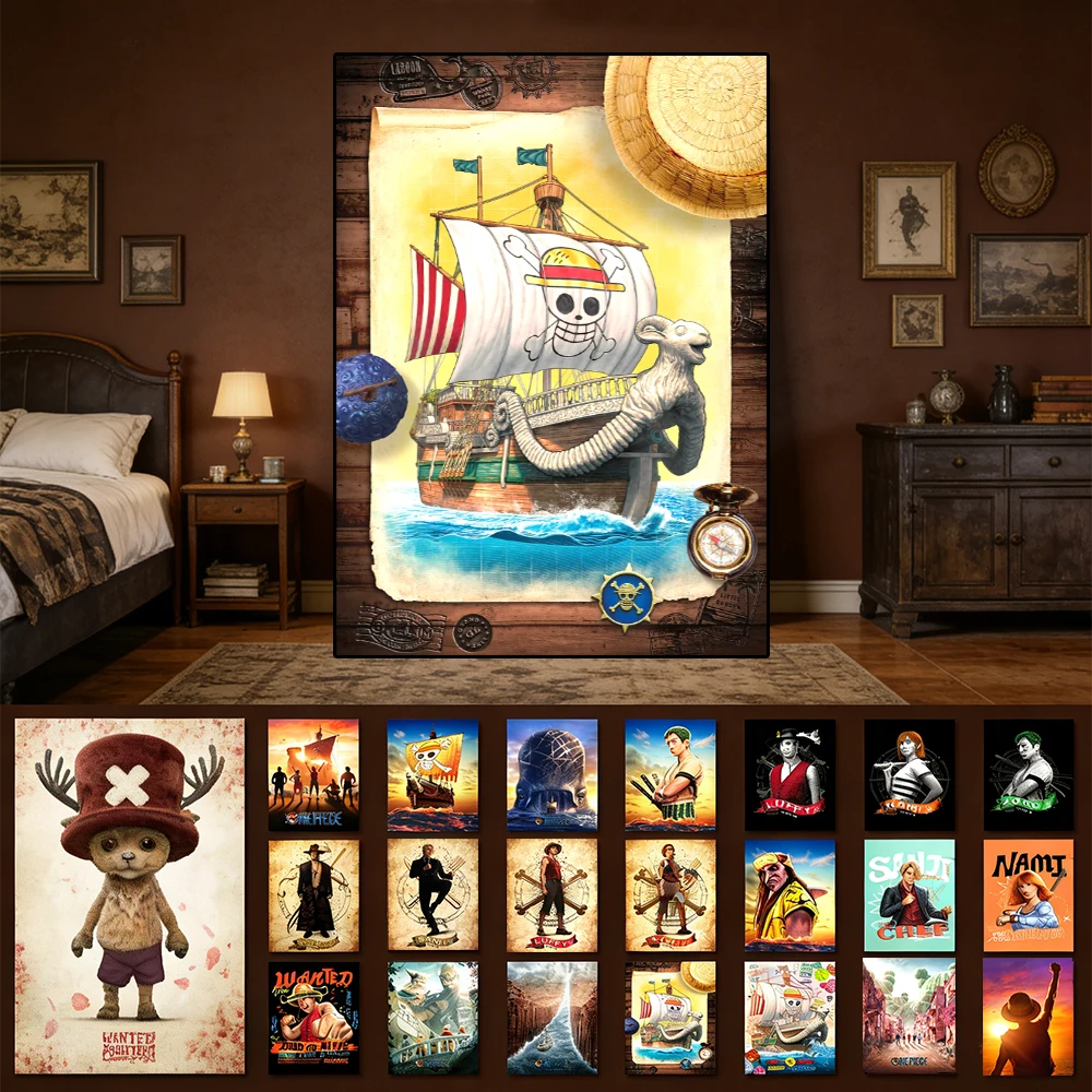One Piece Merry Luffy Zoro Sanji Anime Canvas Wall Art Anime Pirate Ship Poster HD Japanese Manga Bedroom Living Room Decor Gift