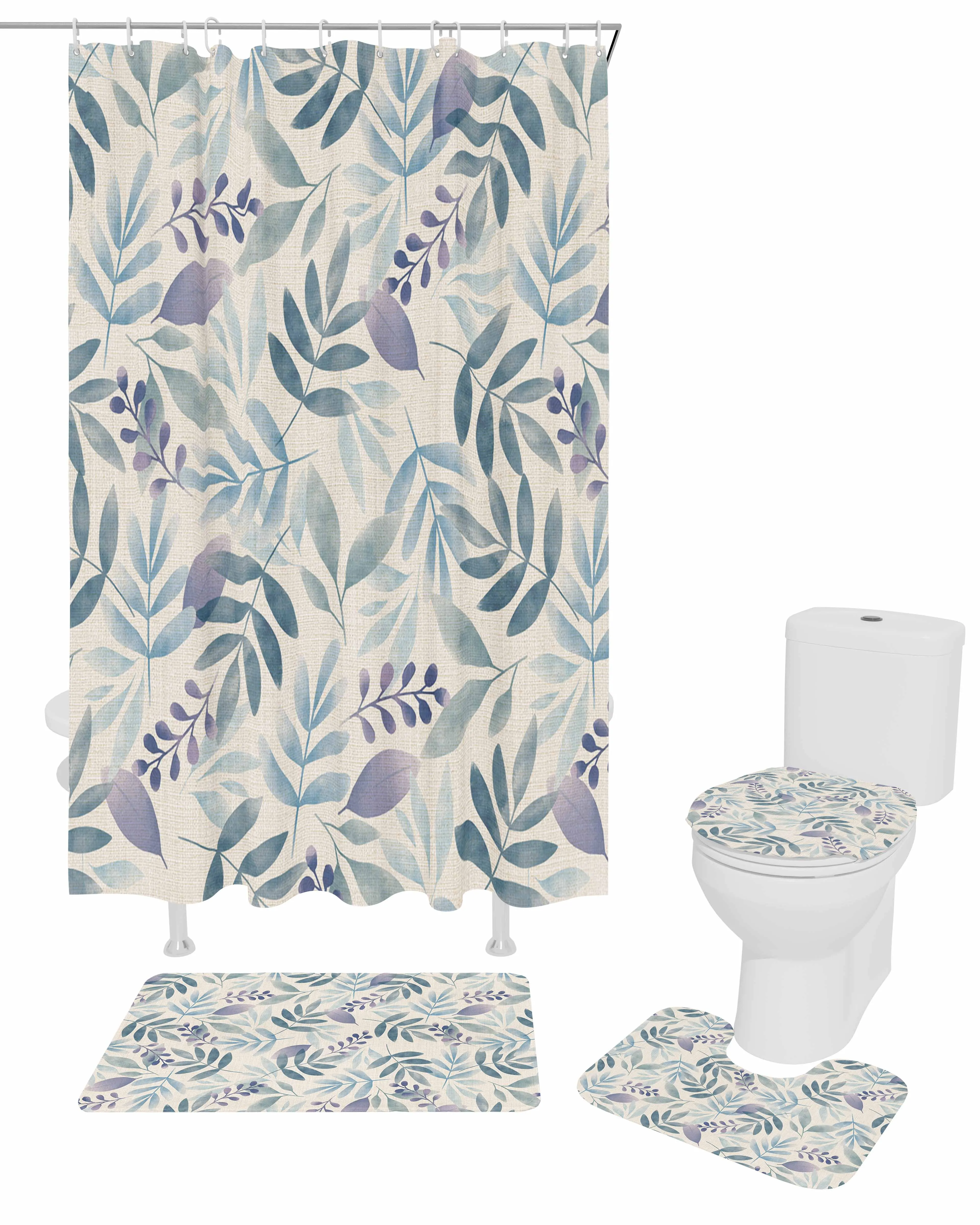 Purple Gray Blue LeavesPolyester printed shower curtain bathroom setluxurious curtainsabstract4-piece setcoral fleece floor mat