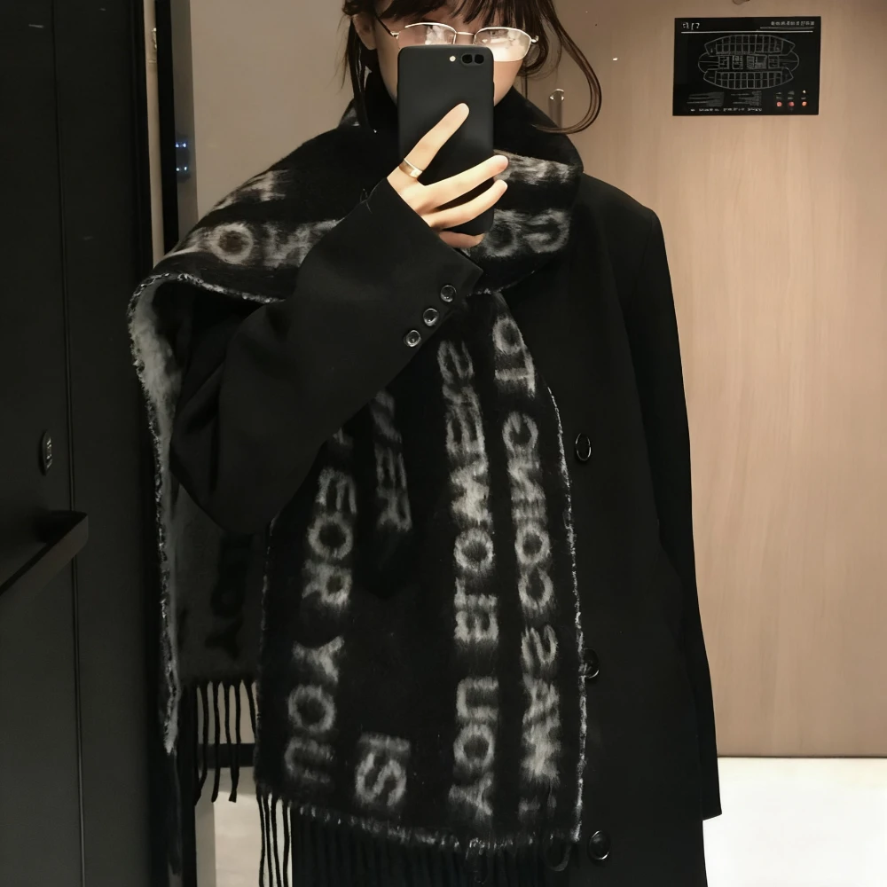 الكورية Ins نمط خطابات تحتوي على الصوف وشاح طويل فاسق الهيب هوب الرجعية وشاح أسود خمر الحياكة المد كول للجنسين وشاح #1