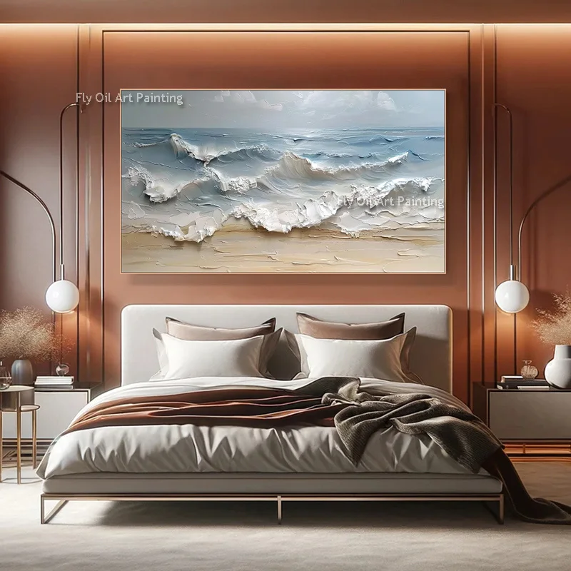 Modern Wall Art Sea Artwork  Large Blue Seawave Knife Thick Oil Painting Handmade Blue Sea Scape Canvas Painting For Decor
