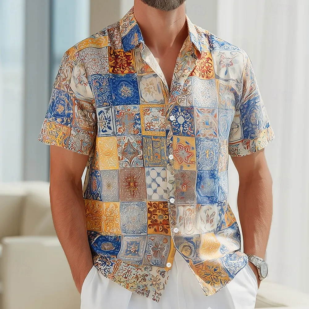 Camisa de Manga Corta para Hombre con Estampado 3D de Mosaico, Estilo Vintage Boho, Ropa Urbana para Vacaciones, Azul, Naranja, Rojo, Primavera, Verano