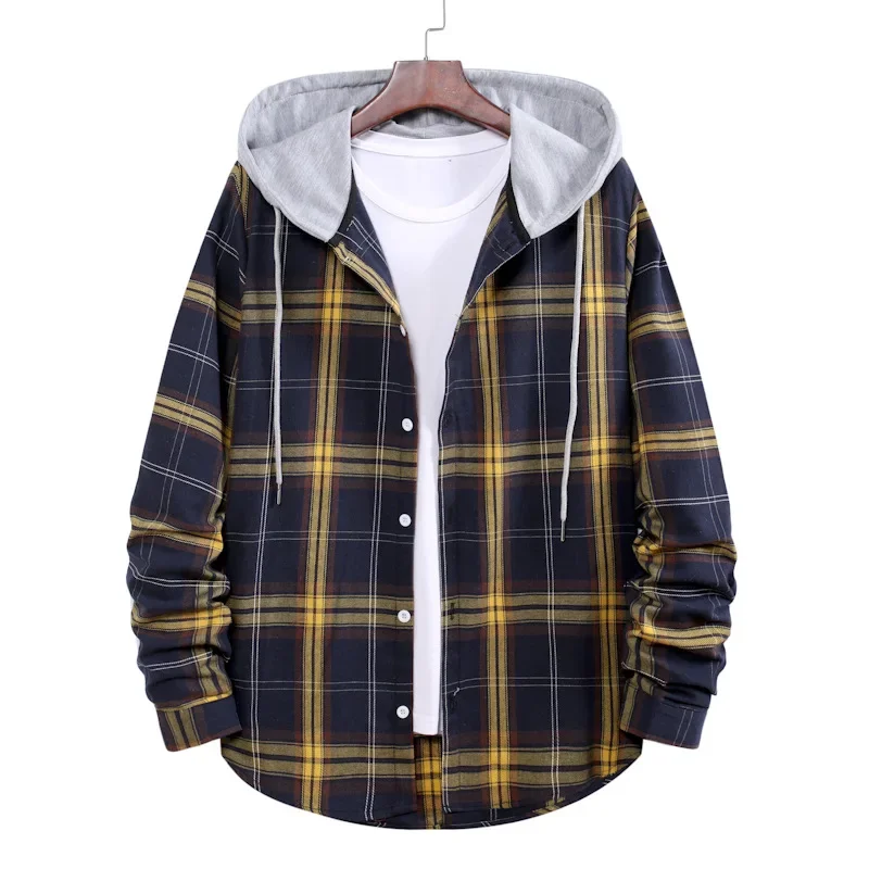 Novo outono e inverno masculino xadrez com capuz jaqueta, solto casual quente masculino moda versátil com capuz