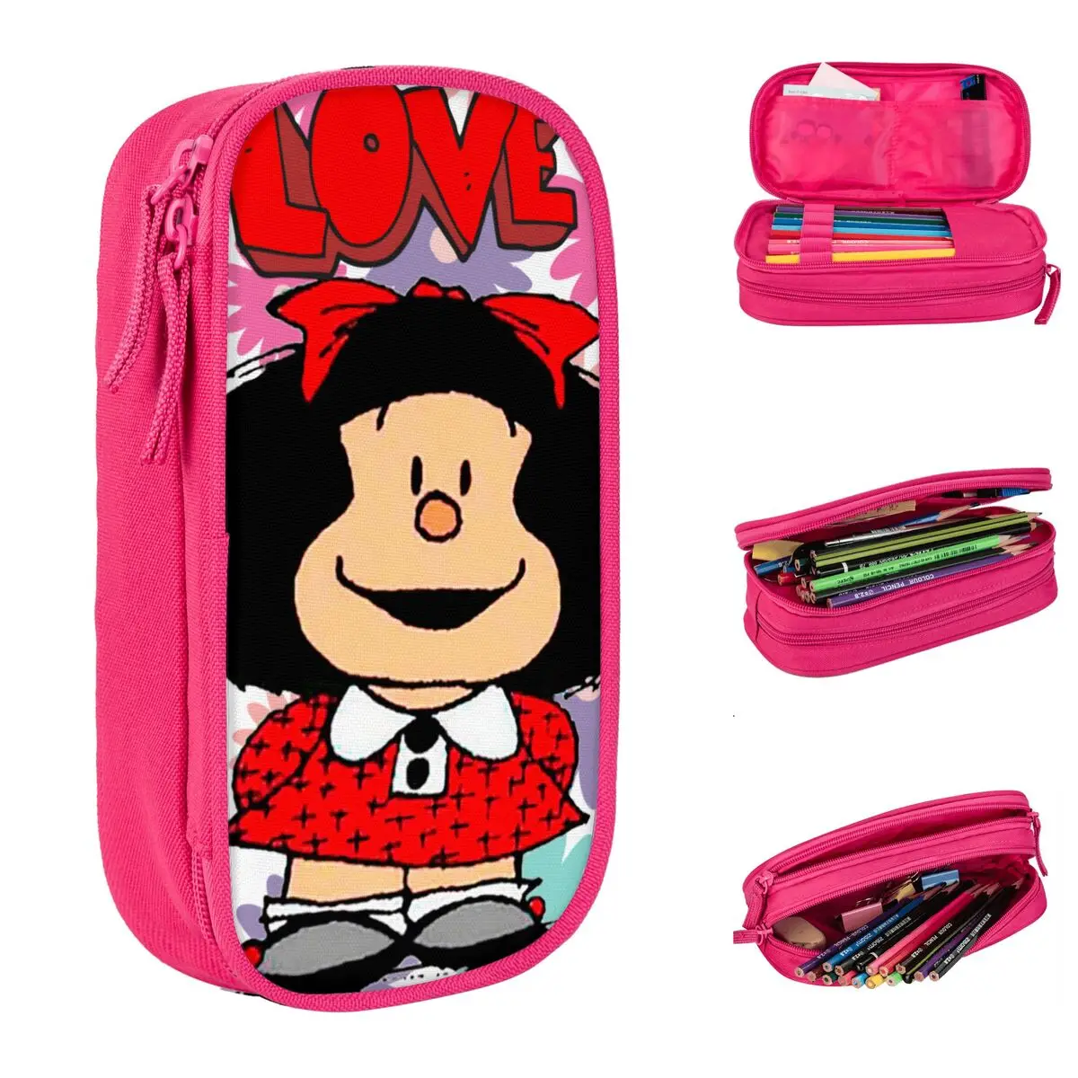 Love Mafalda Flowers Pencil Case, Pen Box Bag para meninas e meninos, grande armazenamento para estudantes, lápis de cosméticos escolares