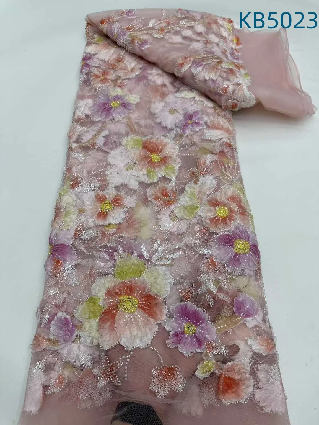 

Luxury African 3D Flowers Lace Fabric French Lace 5 Yards 2025 Latest Nigerian Sequins Beaded Lace For Sewing Women Party KB5023