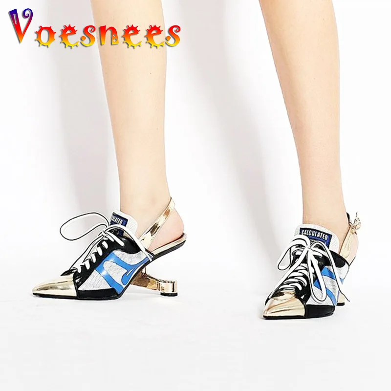 

Pointed High Heels Summer Buckle Strap Sandals Breathable Mesh Sneakers Style Models Shoes Strange Style Women's Patchwork Pumps