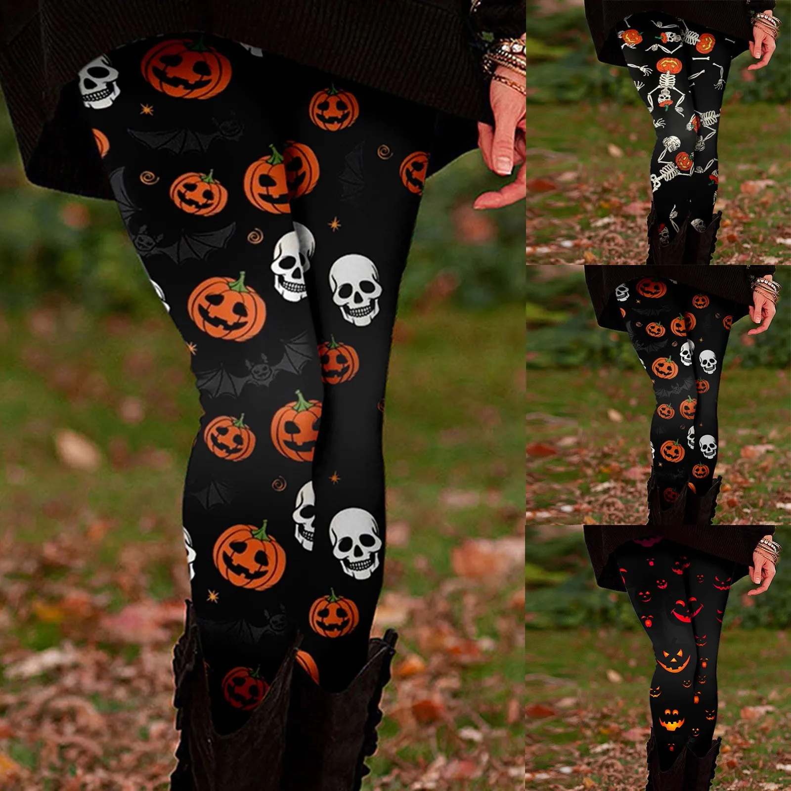 Womens Halloween Theme Casual Comfort Pants Pumpkin Head And Skull Printed High Waist Warm Slimming Smooth Leggings Long Pants