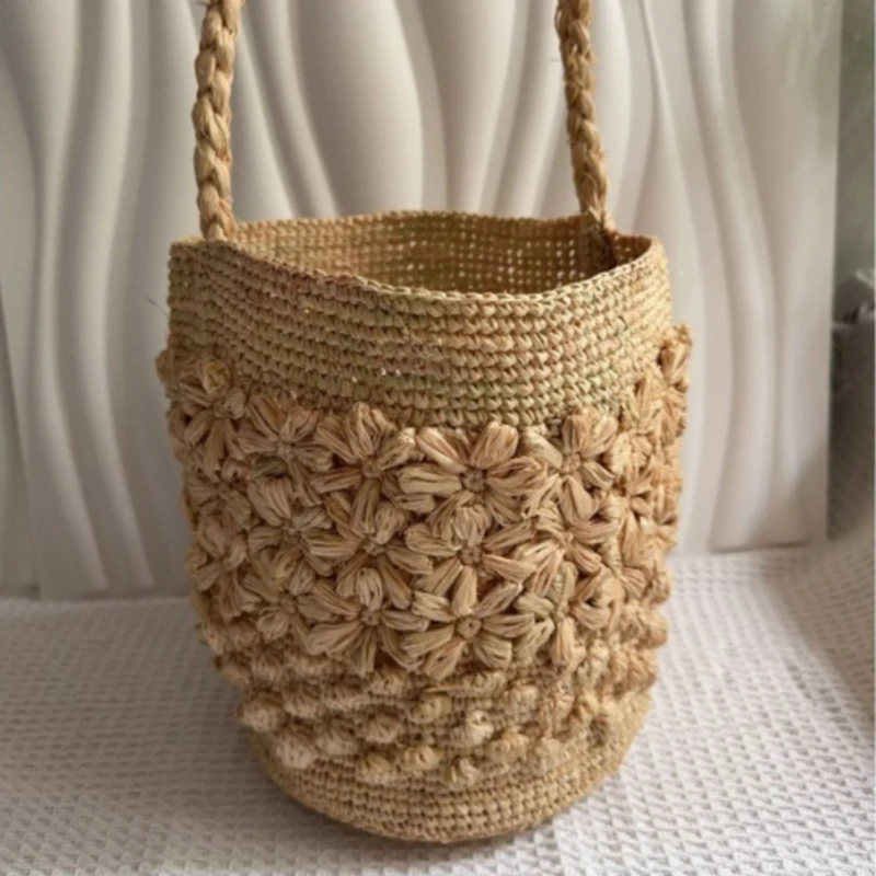 Women's Crochet Raffia Bucket Shoulder Bag Summer Beach Vacation Handmade Bohemian French Retro Top Handle