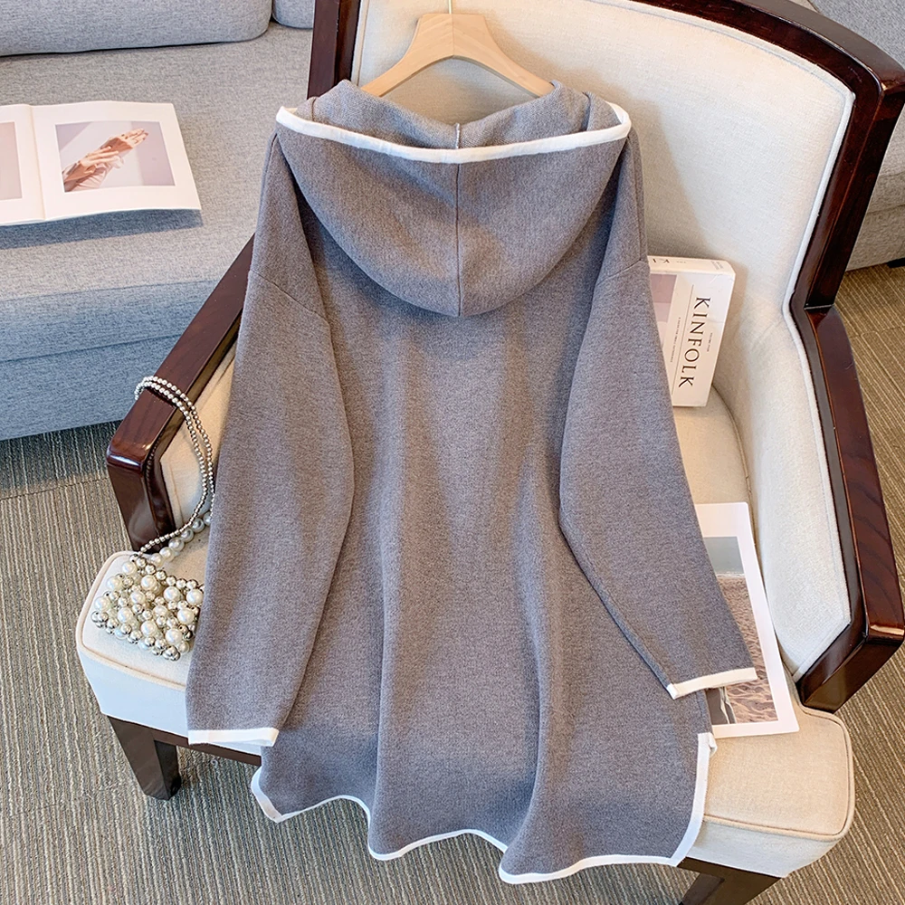 Plus size women's spring and autumn casual gray sweater  long sleeved top loose hoodie sweatshirt dress 2024 new clothing large