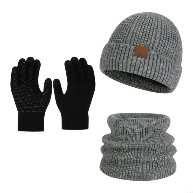 Ribbed Winter Set Soft Lined Hat Gloves Neck Warmer 3 Piece Accessory Bundle for Cold Weather Daily Travel Use