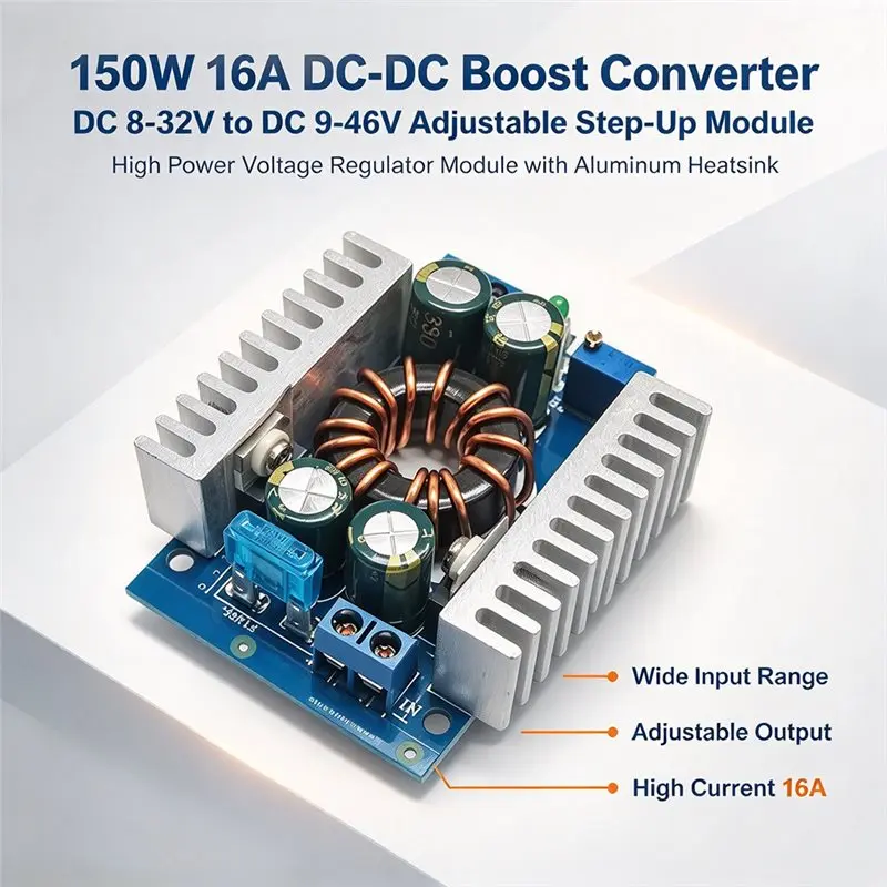 FYBL-150W 16A DC-DC Boost Converter DC8-32V To DC9-46V Adjustable Step-Up Module With Aluminum Heatsink