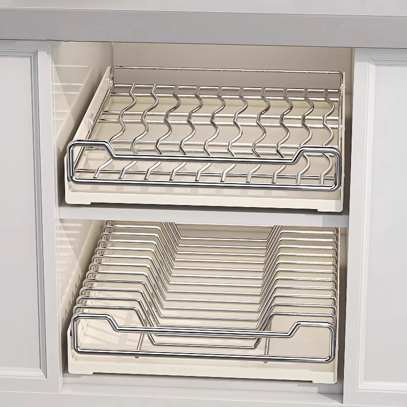 Stainless Steel Dish Rack Pull-Out Cabinet Organizer Drawer-Type Draining Rack Durable Solid Steel Quiet Ball-Bearing Slide