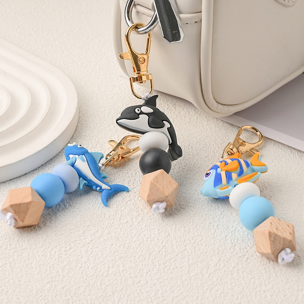 1pc Silicone Beads Pendant Cute Cartoon Marine Animals Stroller Hooks Decorative Accessory Silicone Fish Dolphin Keychain