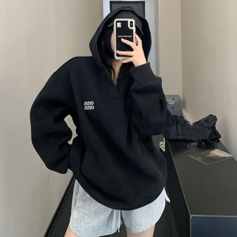 

Женская толстовка с капюшоном на раннюю весну, хлопковая повседневная верхняя одежда свободного кроя в стиле ретро, простая толстовка в американском стиле