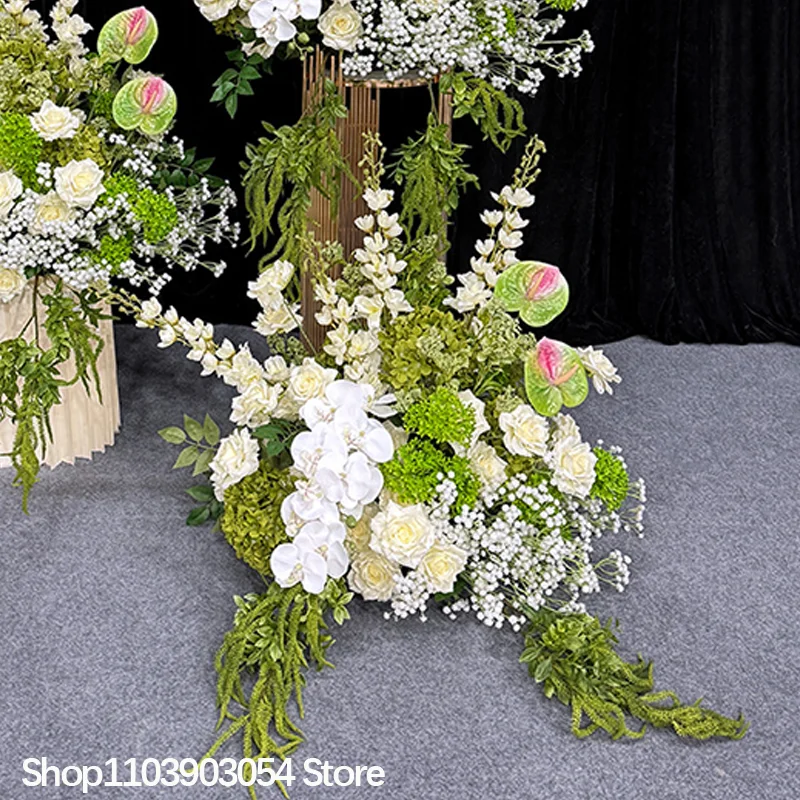 Neues 5D Hochzeits-Blumenarrangement mit grünen Pflanzen, Delphinium, Rosen, Bodenblumen, Hintergrund, Blumenreihe, Tischdekoration, Kugeldekoration für Events und Partys – Detail 5