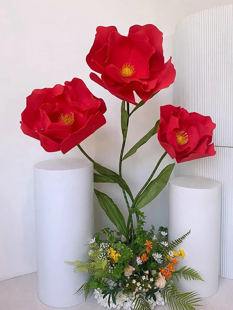 180cm Red Poppy Flower Large Artificial Paper Flowers Wedding Backdrop Decor Prop Garden Decoration Fake Flower Decorative Stage