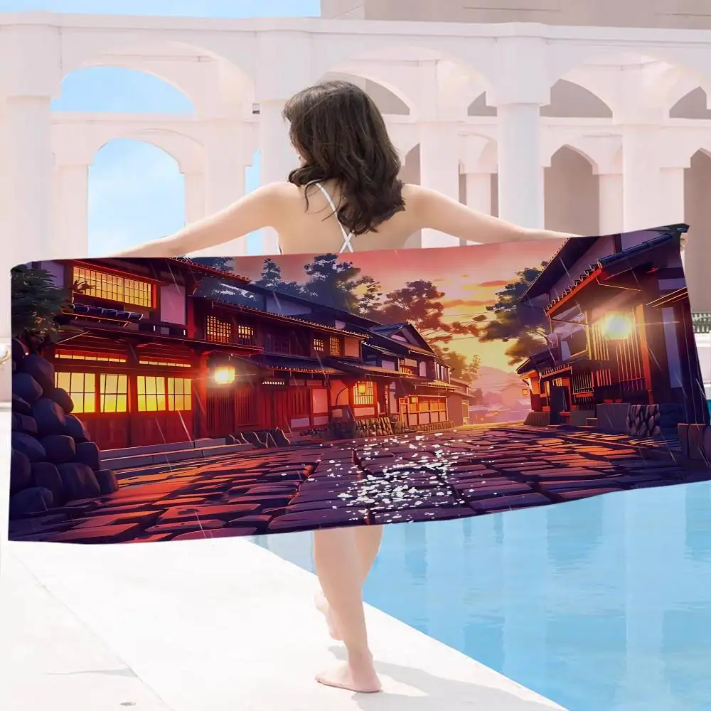 Manga Style Japanese Street Landscape Bath Towel Microfiber Soft Water Absorbing Breathable For Girl Kids Decorative Towel