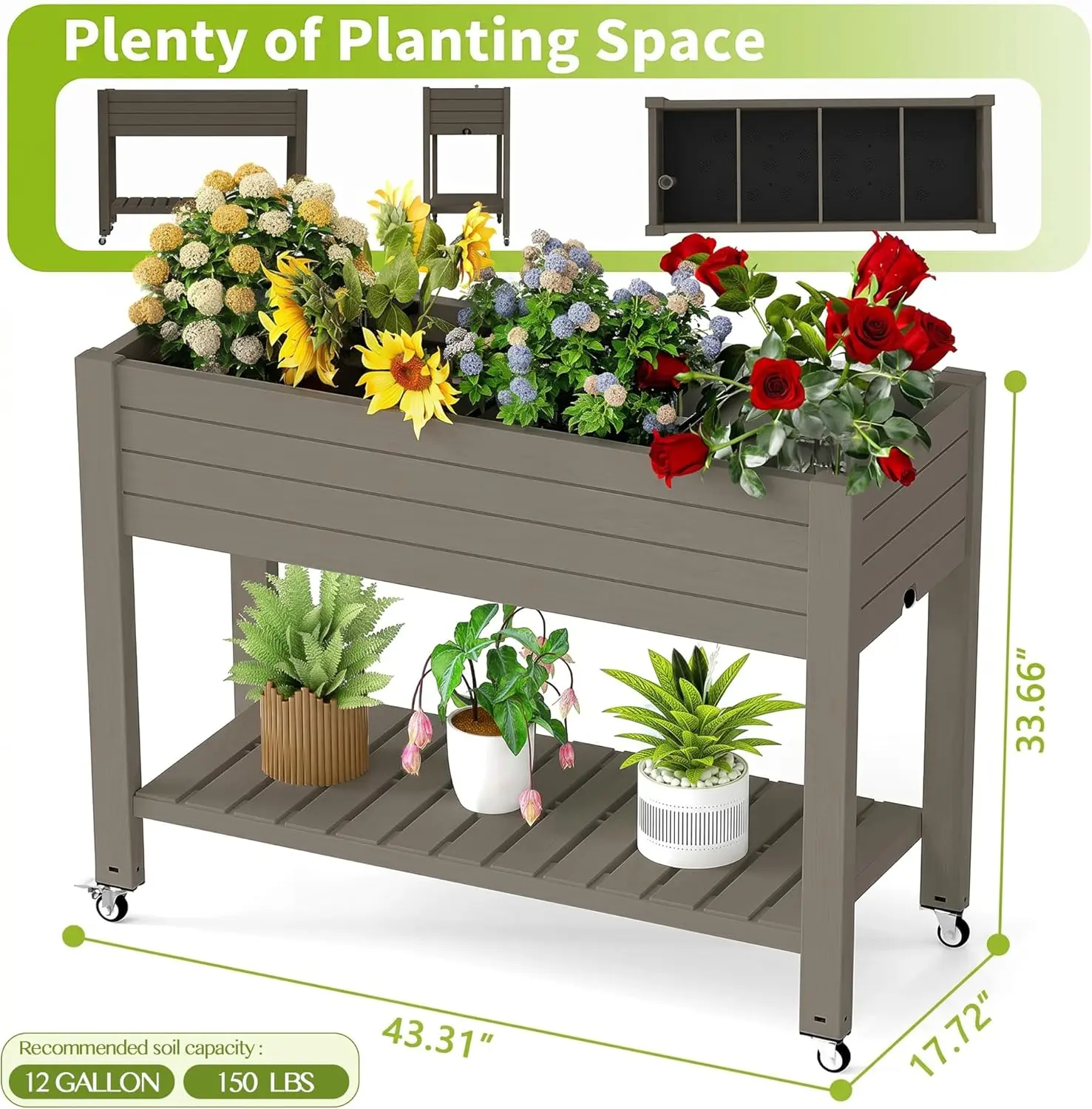 Elevated Raised Garden Bed with Wheels,Outdoor Large Resin Patio Planter Box Stand Divisible with Drain Plug,Water Monitor for Plants Vegetables Flowers Fruits(Grey,43.31 * 17.72 * 33.66)