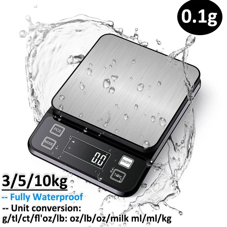 Digital electronic kitchen scale 3/5/10kg 0.1g LCD display stainless steel waterproof measuring weighing baking tool