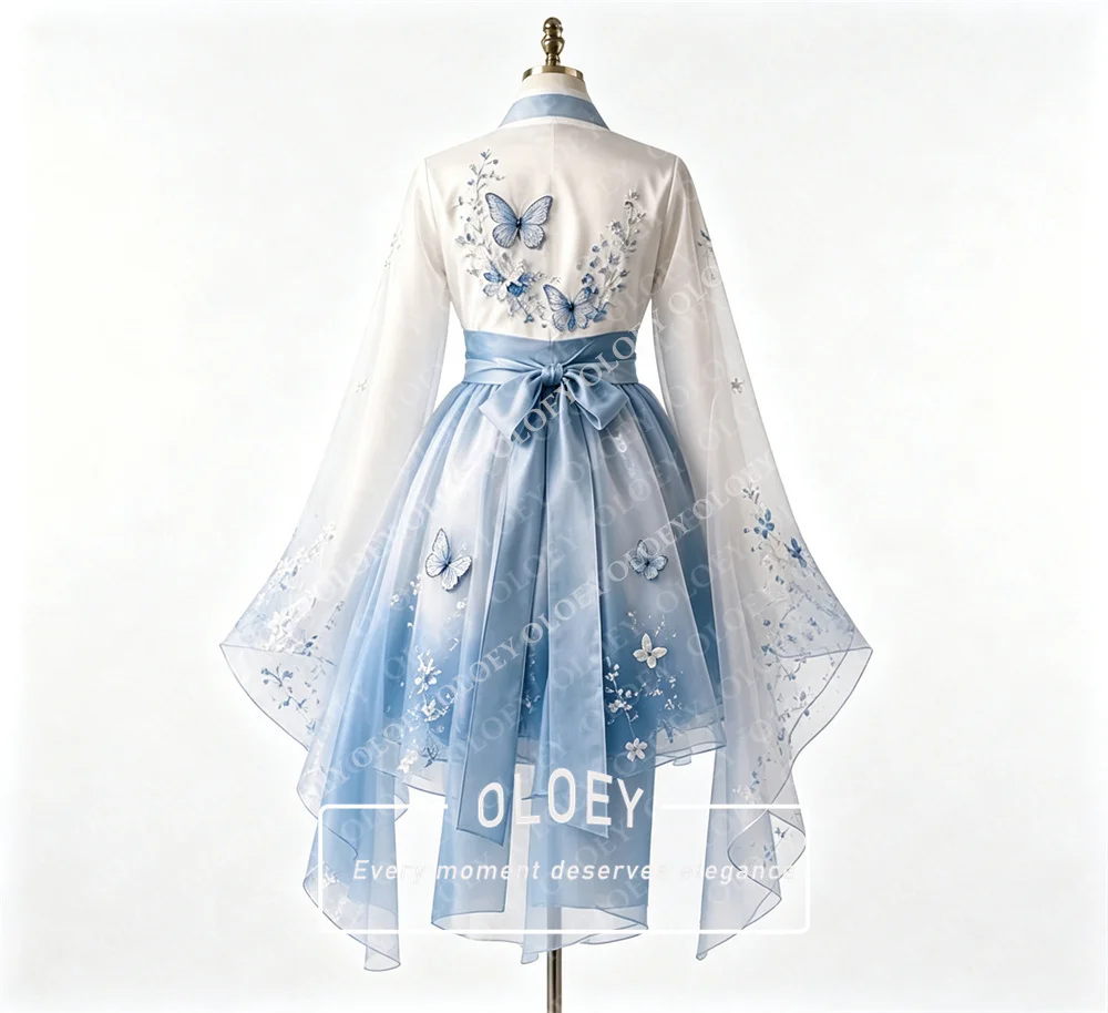 OLOEY White Blue Gradient Modern Hanbok Dress Organza Flare Sleeve Cross V Neck Asymmetrical Short Skirt Floral Print Customized