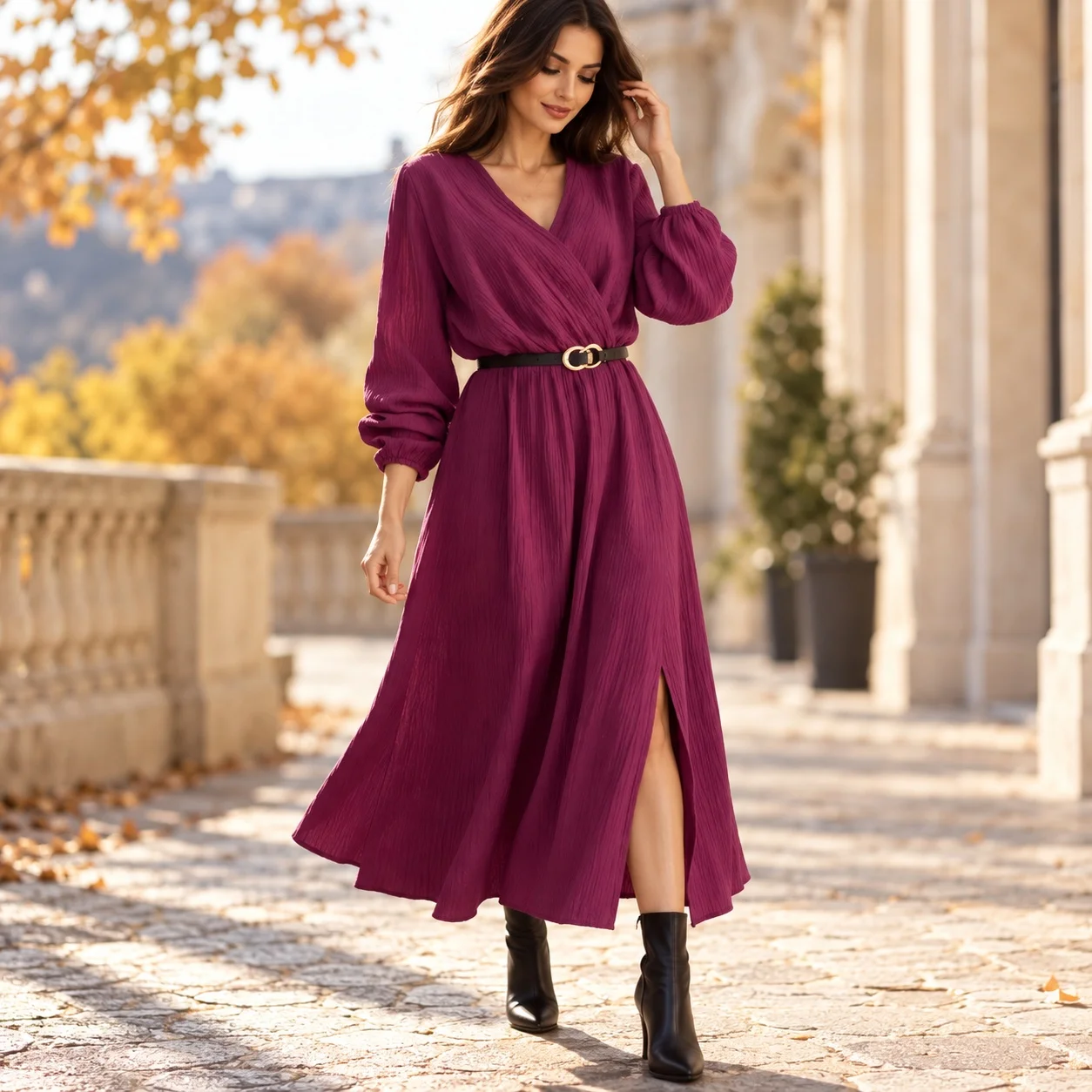 Long Sleeve Slit Dress a Line Elegant and Refined with Seamless Construction Autumn High Waist Straight Skirt V Neck Women Dress