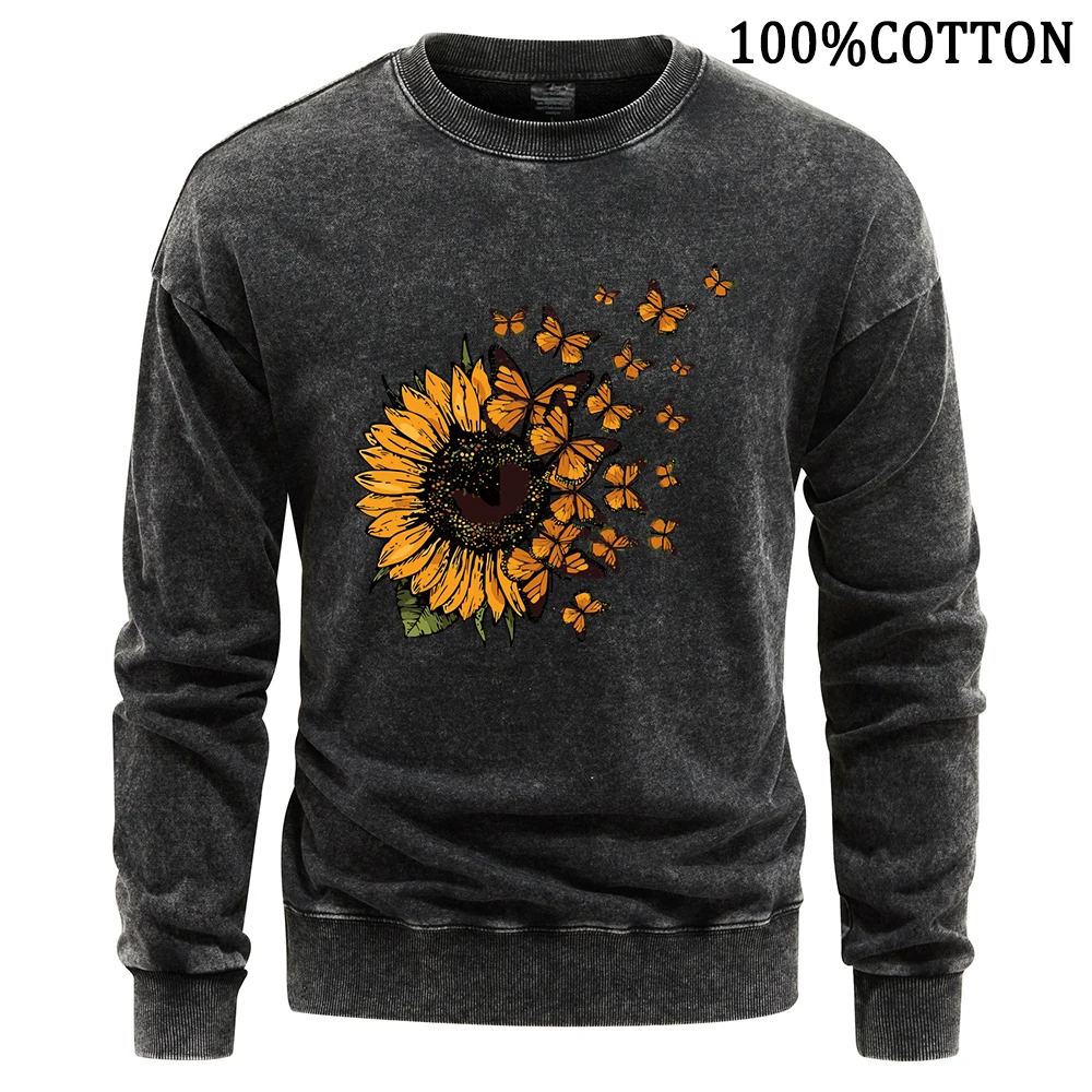 Sunflowers and Butterflies Print Man Sweatshirt Vintage Washed Hoodie Autumn Crewneck Cotton Hoody Comfort Sweatshirts Clothing