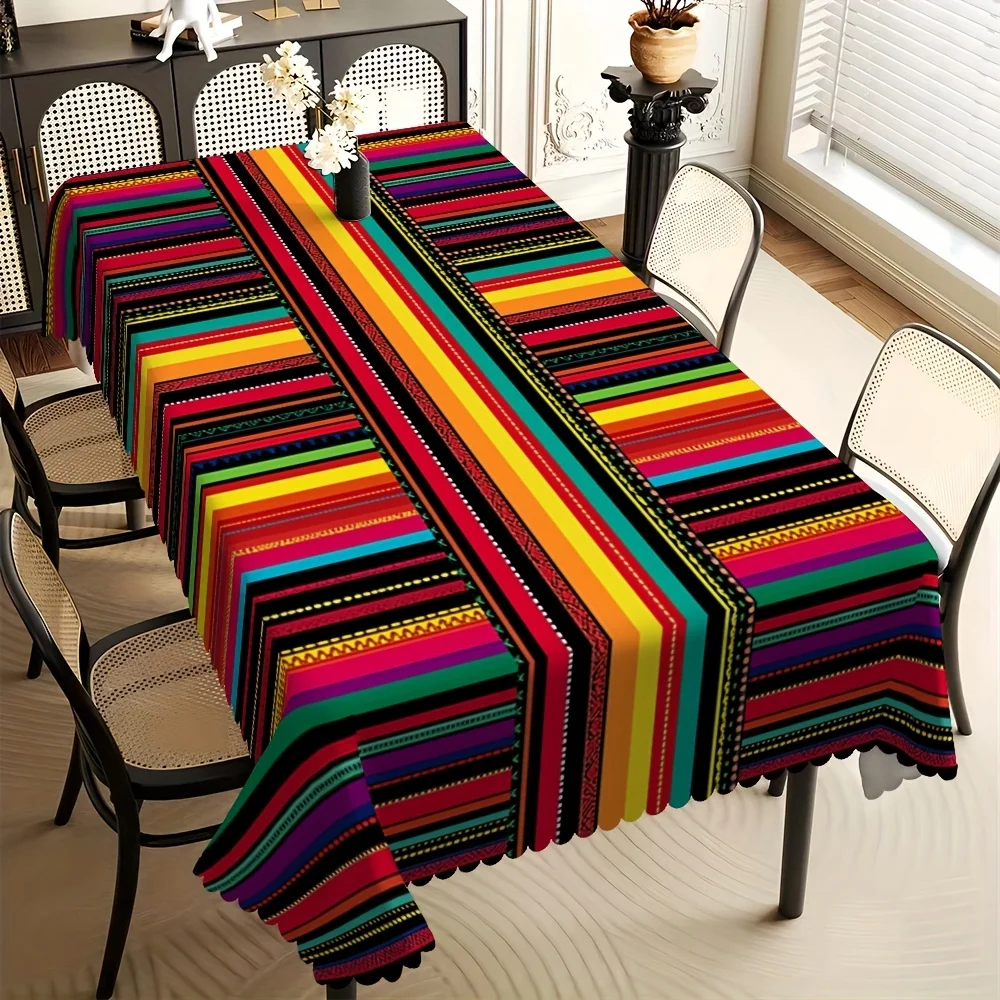 Fifty-Five Festival Mexican Carnival Colorful Stripes Printed Rectangular Tablecloth, Polyester Fiber