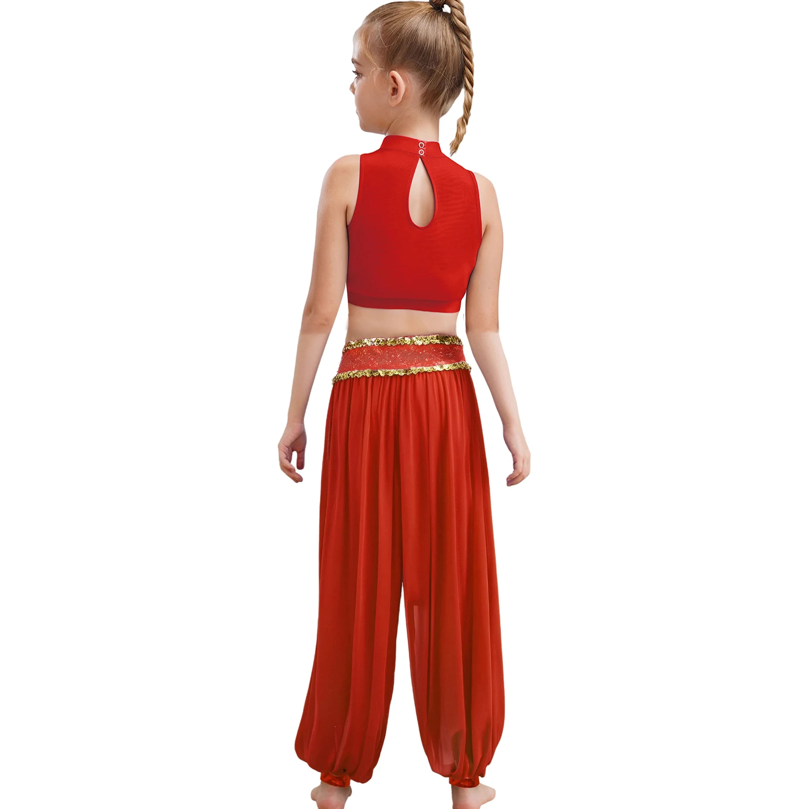 Traje de danza del vientre para niñas, traje de danza india de Jazz, cuello simulado, sin mangas, malla de retales, Top corto de lentejuelas con pantalones bombachos