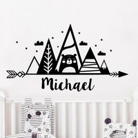 Boys Name Personalized Wall Decal for Kids Rooms Mountains Vinyl Sticker Woodland Theme Bear Nursery Decor Removable P201