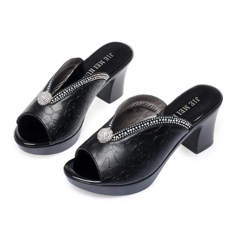 Fashion Crystal Platform Sandals Women 2022 Peep Toe Casual Slippers Woman Summer Shoes on Heels Outdoor Black High Heel Slides