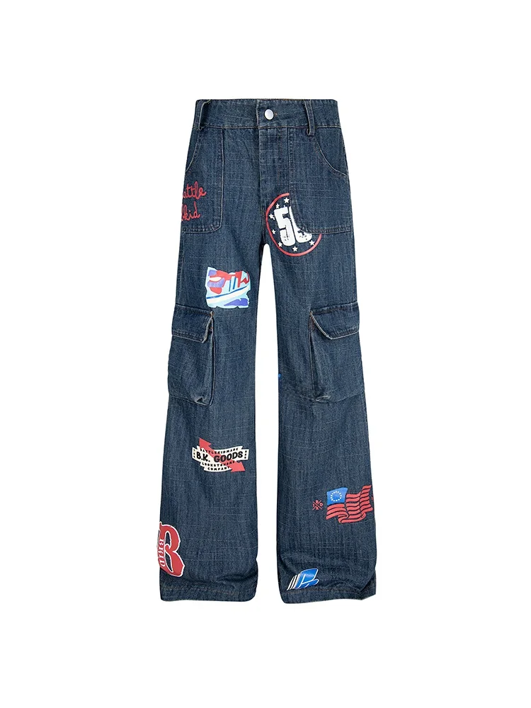 kage American Retro Print Straight Leg Workwear Jeans Women's High Waist Loose Slimming Wide Leg Spring New Sle