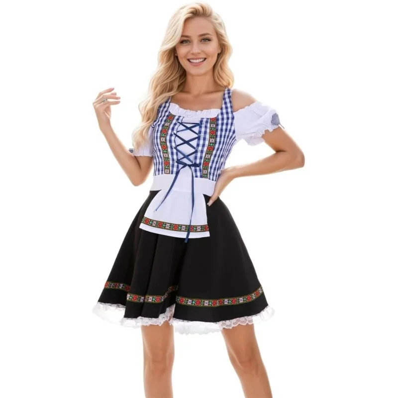 

Oktoberfest Costumes for Women U Neck Dirndl Dresses Classical Plaid Oktoberfest Outfits for German Bavarian Party