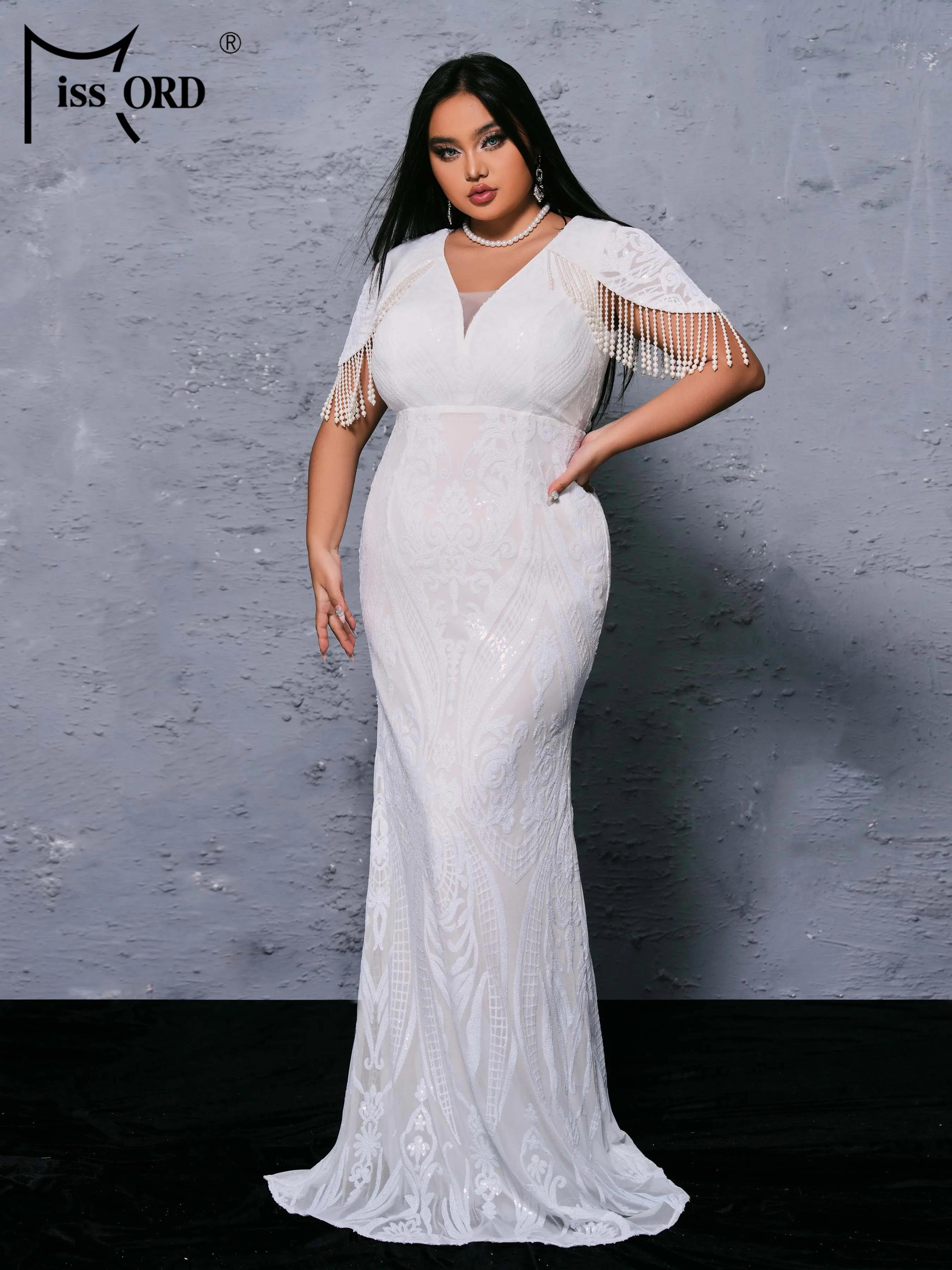 Missord Plus Size 4XL Formal Occasion Dresses V Neck Tassel Mermaid Evening Wedding Birthday Party Prom Dress