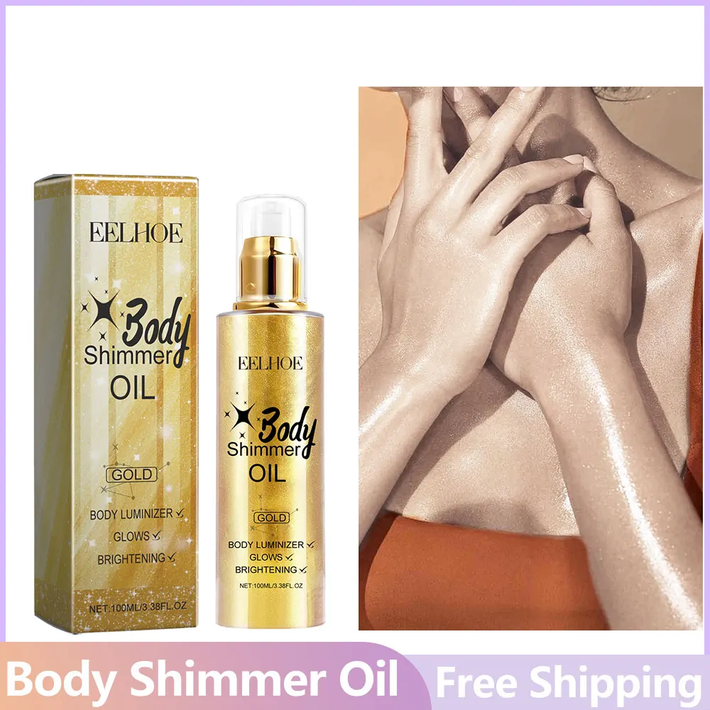 Body Glitter Oil 100ml Sexy Luminescent Oil Liquid Fine Gloss Oil Contouring Gold Quick-Dry Waterproof Body Shimmer Oil Contour