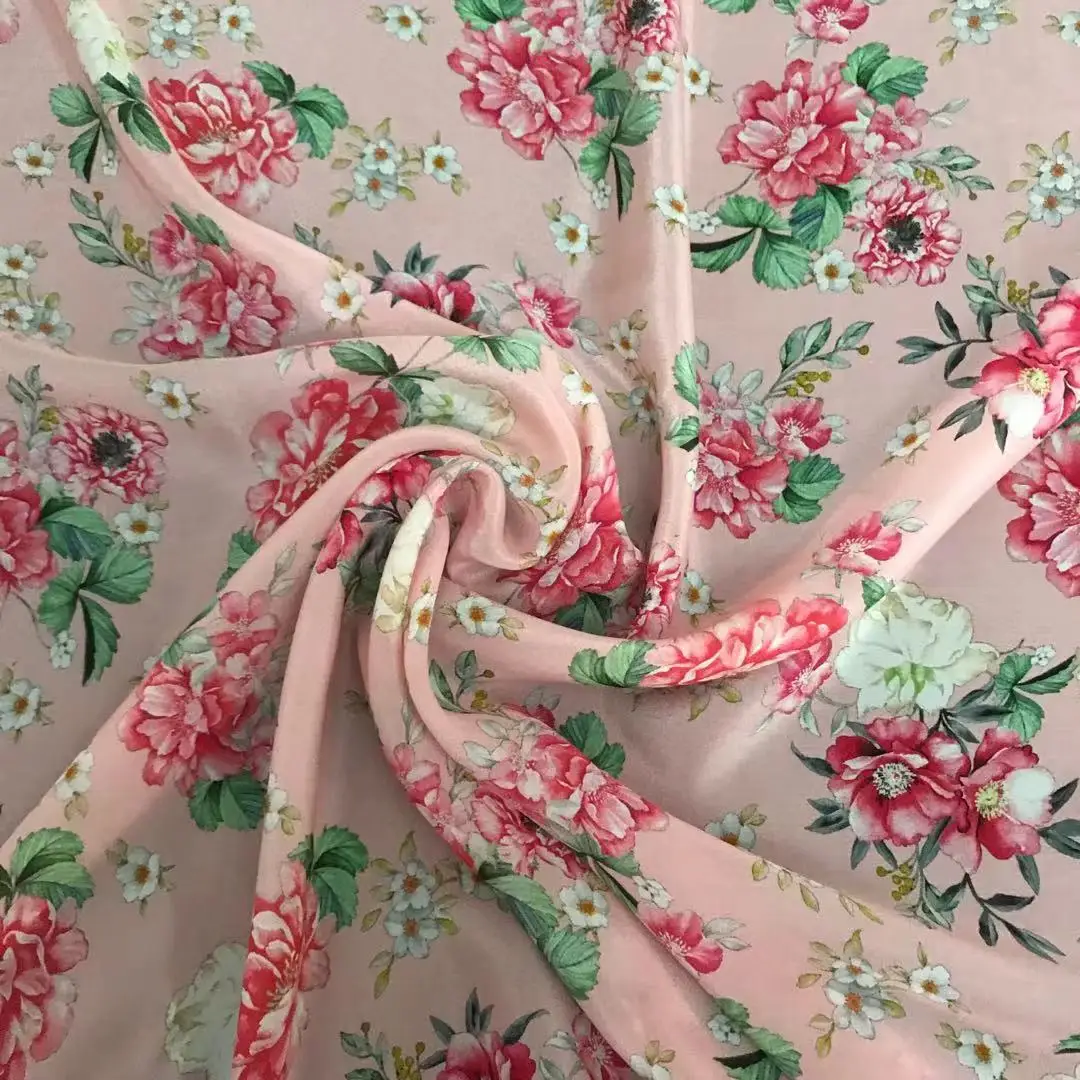 1 meter 100% Mulberry Silk 14 momme Crepe Silk Fabric Pink Floral Printed 138cm 54