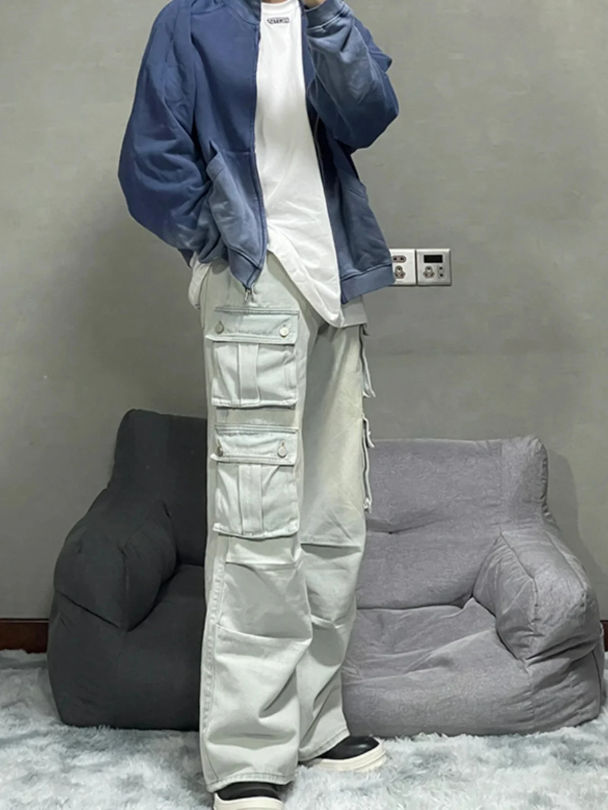 

Светло-голубые мужские рабочие брюки, новинка весны и осени, модные брендовые брюки Haome в американском стиле High Street Vibe, прямые брюки