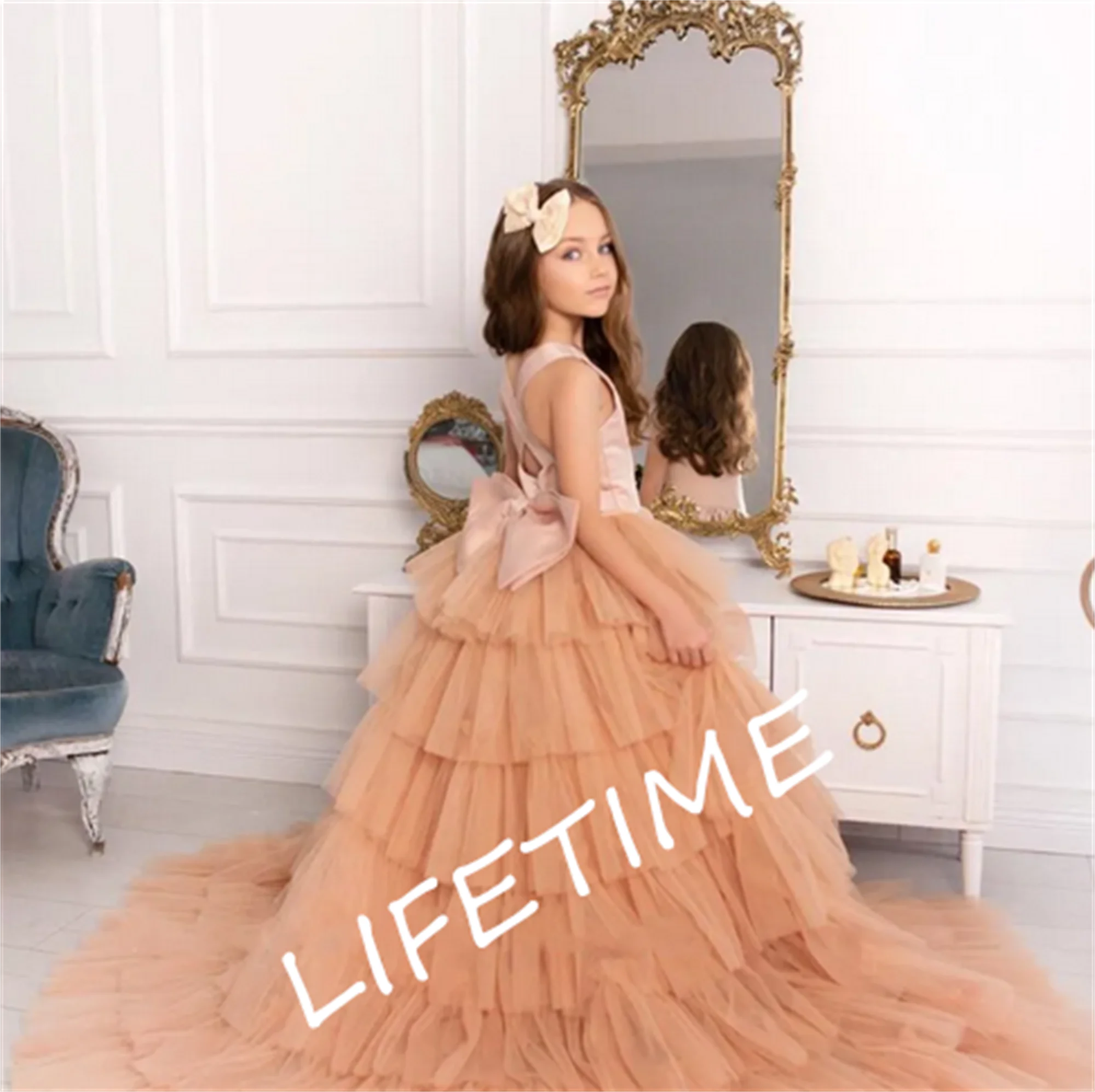 

Pink Satin A-Line Flower Girl Dress for Wedding with Detachable Train Princess First Communion Dress Pageant Christmas Gown