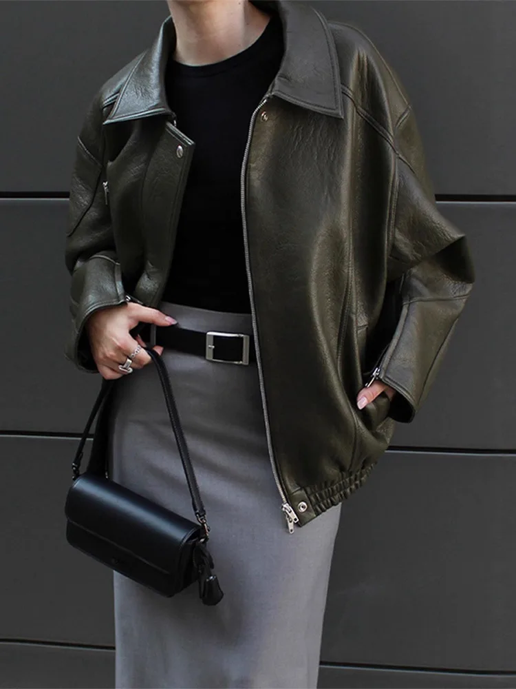 Leren damesjasje met lange mouwen, ritssluiting, elastische zoom, knoopzak, effen vrouwelijke jassen, herfst, high street jassen, dames