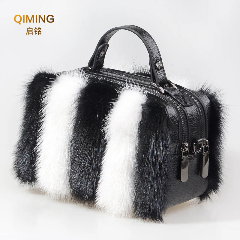 Bolso de piel auténtica para mujer, bandolera de piel de visón, con doble cremallera, para ocio