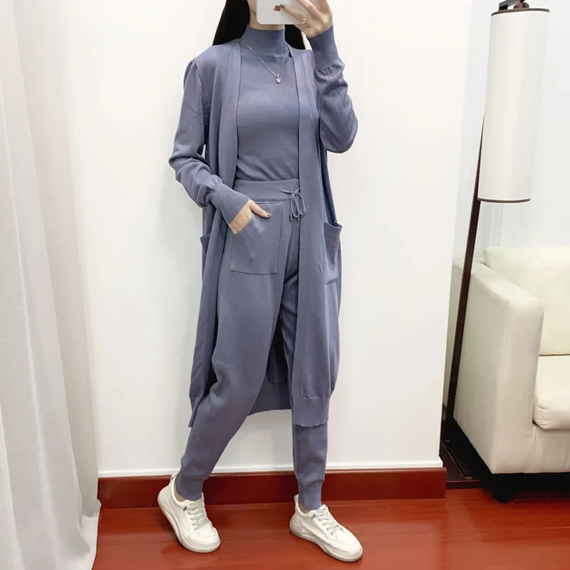 Women Sweater 3 Piece Set Tracksuit 2024 Spring Autumn Long Cardigan Coat + Half Turtleneck Vest + Pants Knitted Suits Outfits