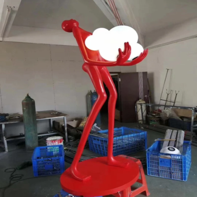 Red Lady Holding Ball Lamp Decorative Exhibition Hall Sculpture Artwork Statue Lights Luminous Beauty Floor Lamps