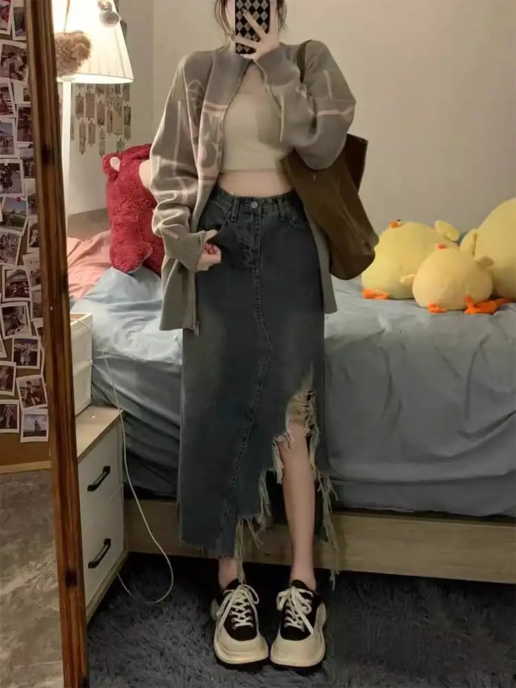 

2026 Summer Women's Split Denim Skirt High Waist Slim Plus Size Raw Edge A Line Wrap Hip Skirt For Pear Shaped Body